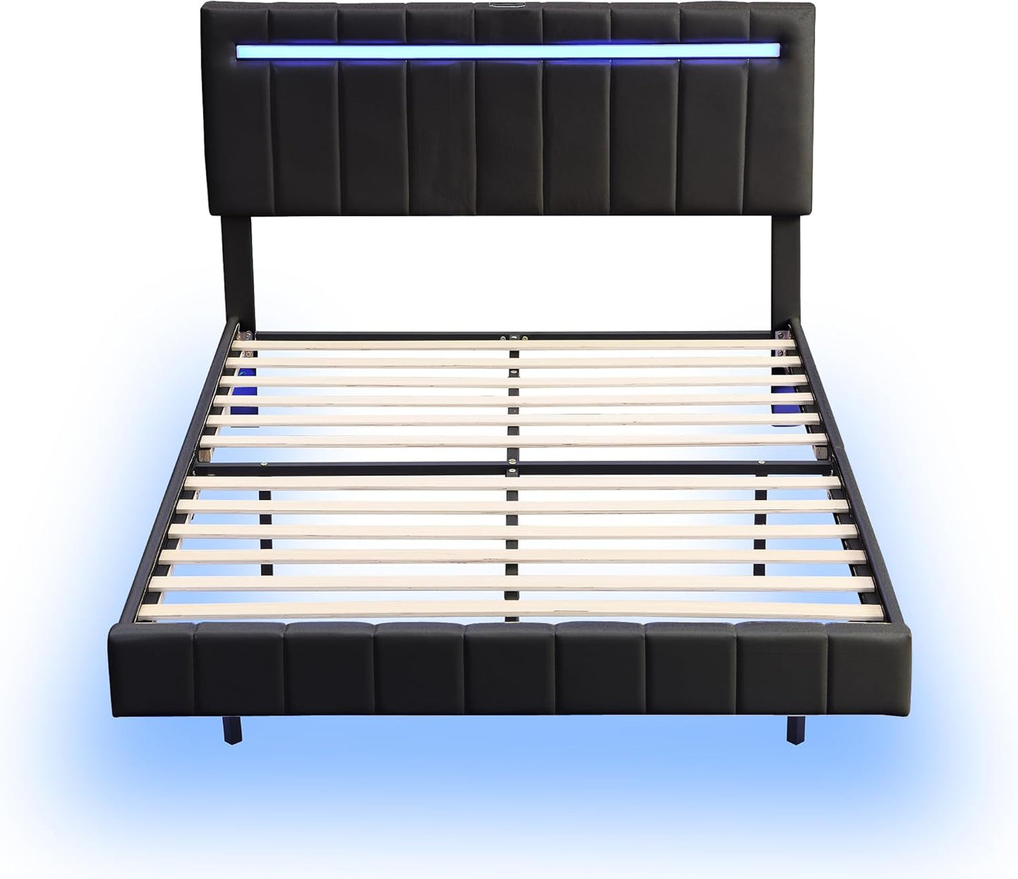 Queen Size Floating Lights and USB Charging,Modern Upholstered Platform LED Bed Frame,Black, Black2