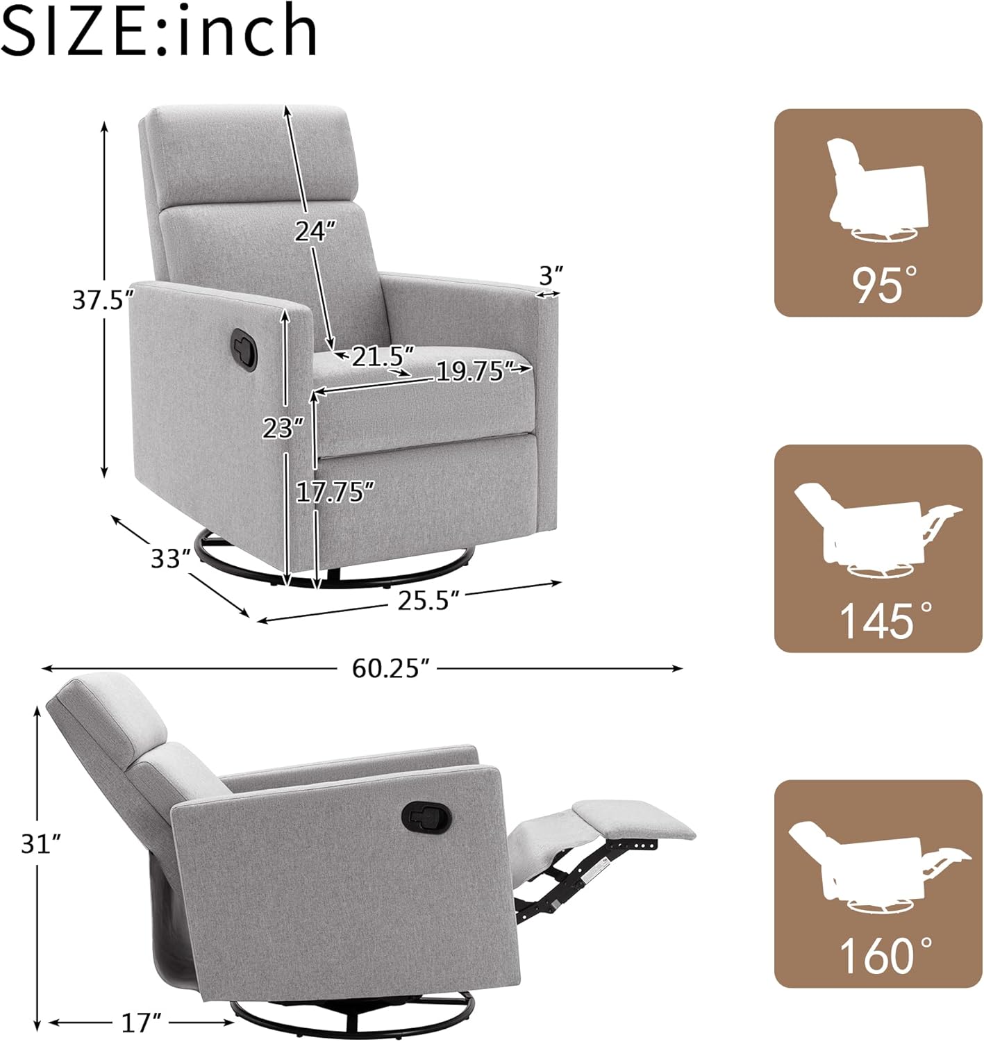 Modern Beige Upholstered Rocker Nursery Chair-Plush Seating Glider, Swivel Recliner, Gray