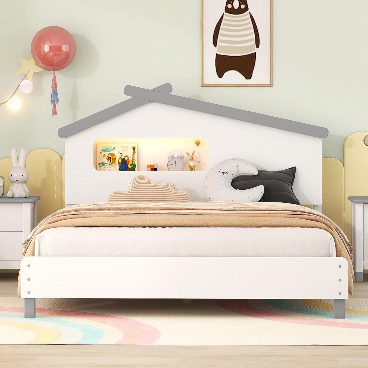 Bed Frame with House-Shaped Headboard Twin Size Wood Platform Motion-Activated Night Lights (White+Gray) - Ideal for Child's Bedroom