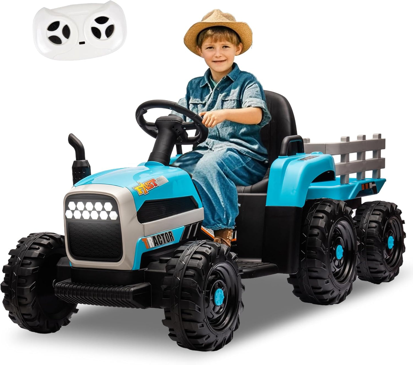 24V Ride On Tractor with Trailer, Ride on Toys for Kids, Dual 200W Motors, 3-Speed, Remote Control, USB/MP3/Bluetooth, LED Lights, Safety Belt, 1.86-4.97 MPH