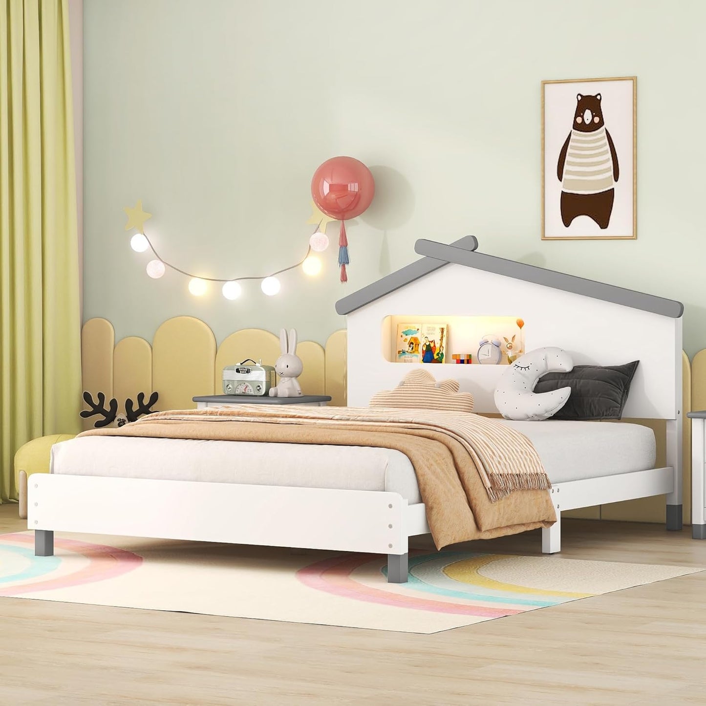 Bed Frame with House-Shaped Headboard Twin Size Wood Platform Motion-Activated Night Lights (White+Gray) - Ideal for Child's Bedroom