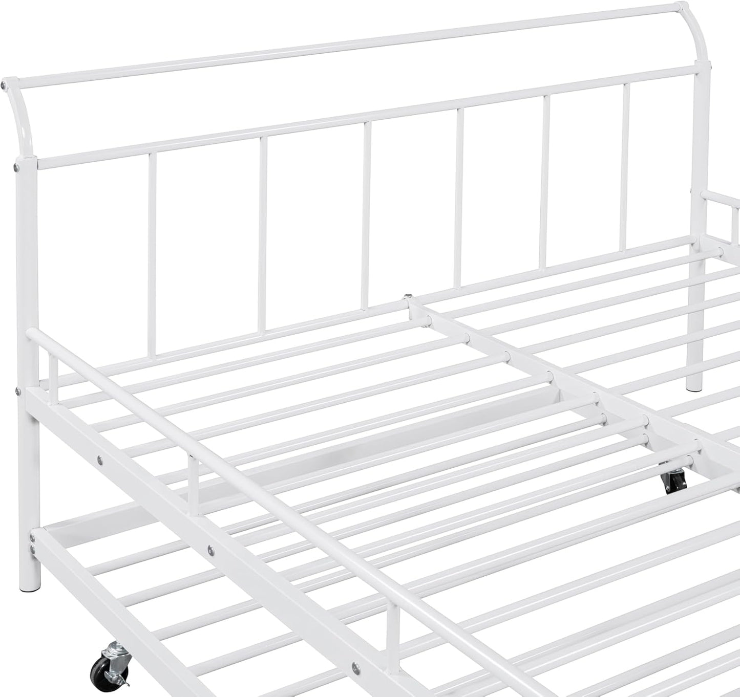 Full Size Metal Daybed - White, Elegant Curved Handle Design, Includes Convenient Pull-Out Twin Trundle