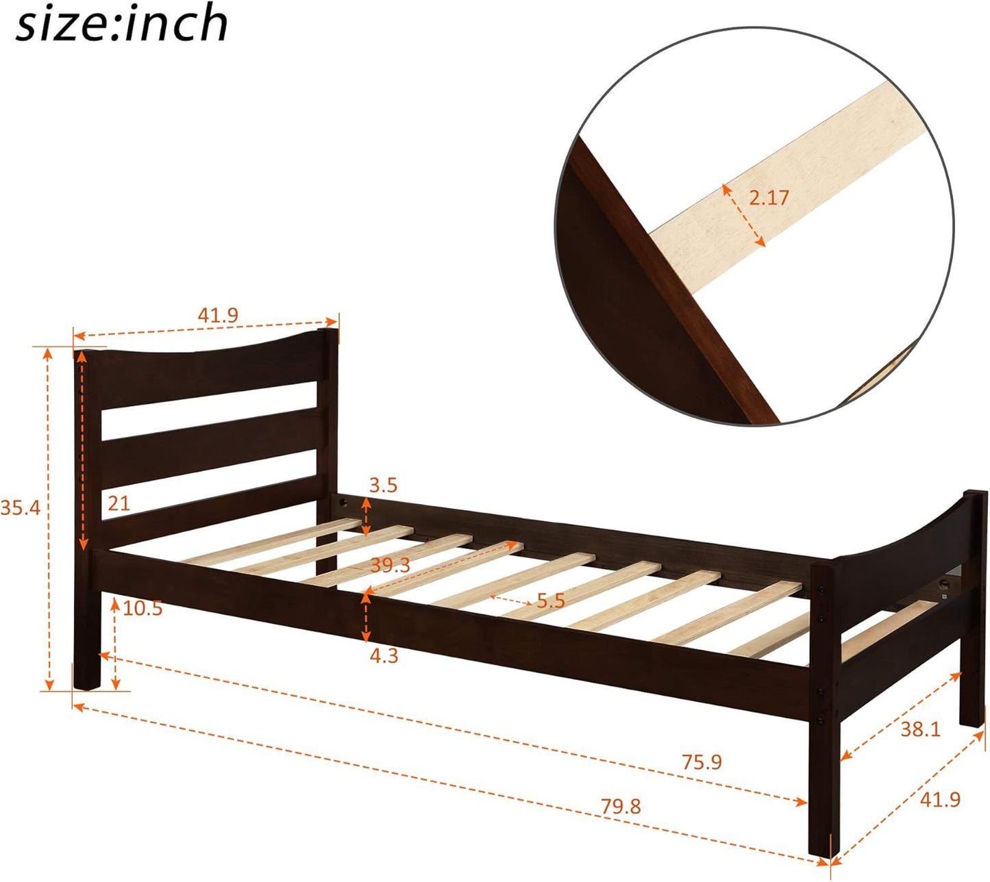 Twin Size Wood Platform Bed with Headboard and Footboard, 100% Pine Wood Frame, Strong Slat Support - Espresso, 80.2”L X 42.9”W X 36.2”H