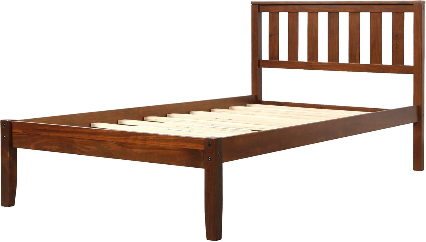 Twin Size Wood Platform Bed with Headboard and Footboard, 100% Pine Wood Frame, Strong Slat Support - Espresso, 80.2”L X 42.9”W X 36.2”H