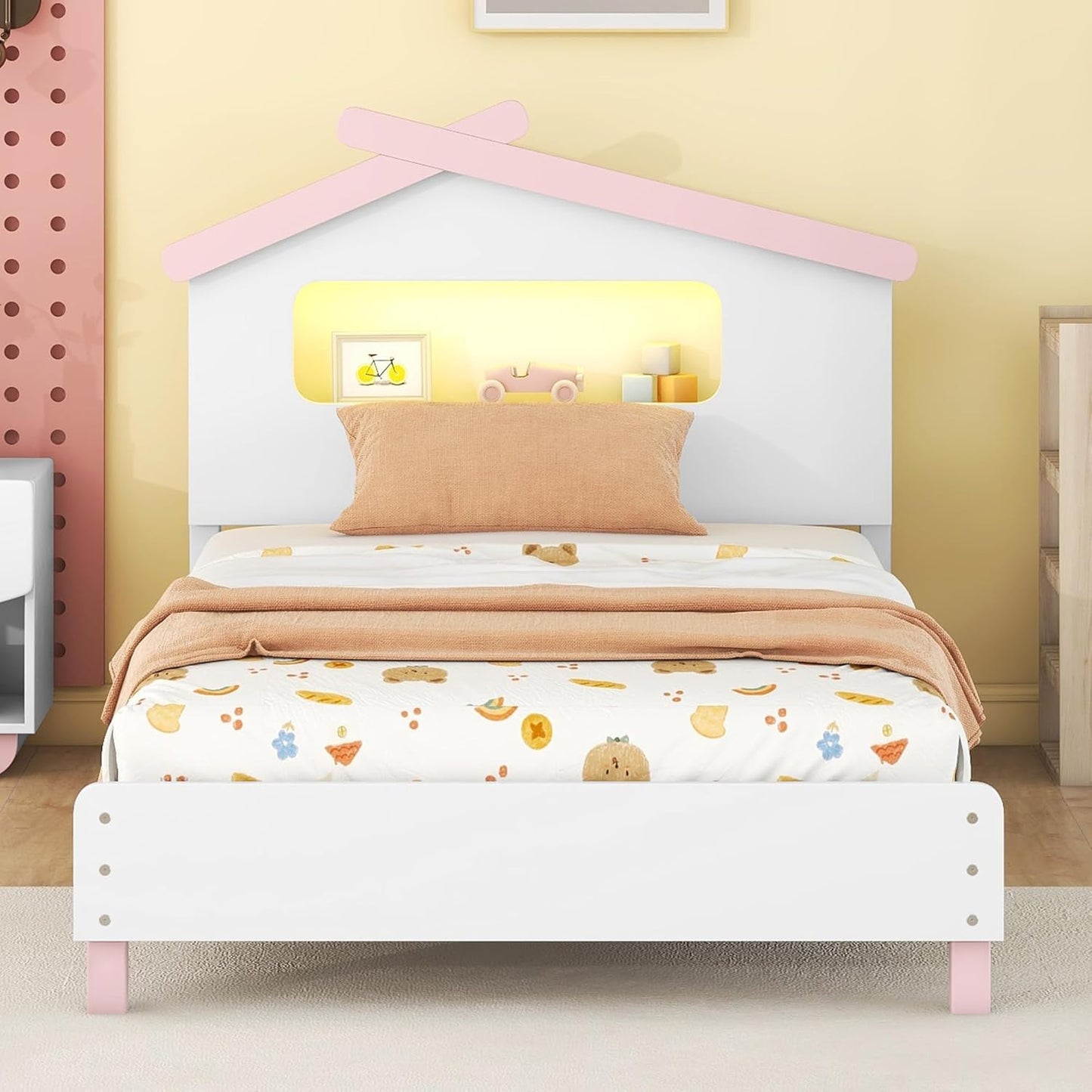 Bed Frame with House-Shaped Headboard Twin Size Wood Platform Motion-Activated Night Lights (White+Gray) - Ideal for Child's Bedroom