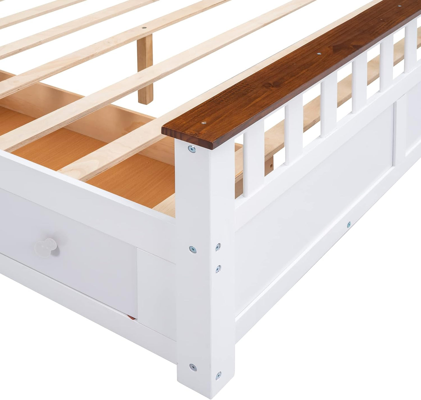 Full Size Wood Platform Bed with Two Drawers and Wooden Slat Support, White+Walnut