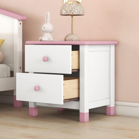 Kids Wooden Nightstand in Cream+Pink-2 Drawers End Table for Bedroom, Durable & Stylish Bedside Furniture