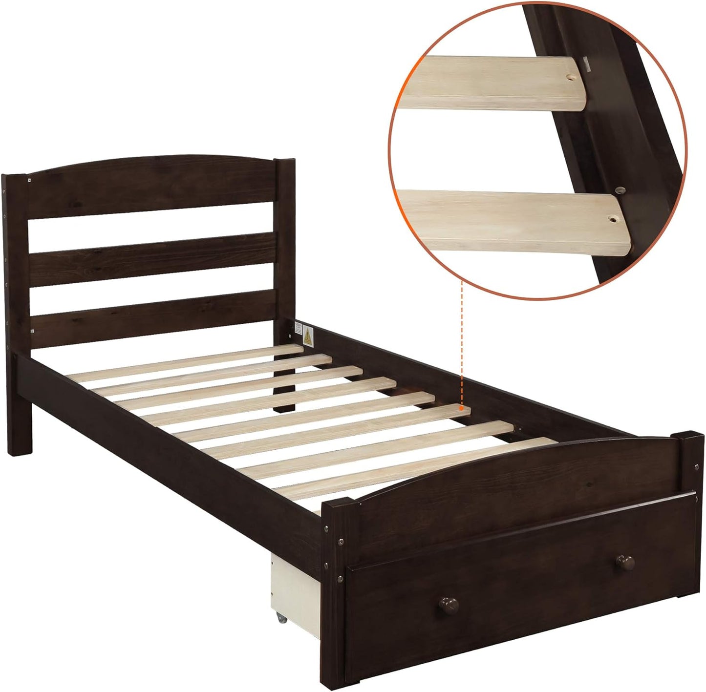 Twin Size Wood Platform Bed with Headboard and Footboard, 100% Pine Wood Frame, Strong Slat Support - Espresso, 80.2”L X 42.9”W X 36.2”H