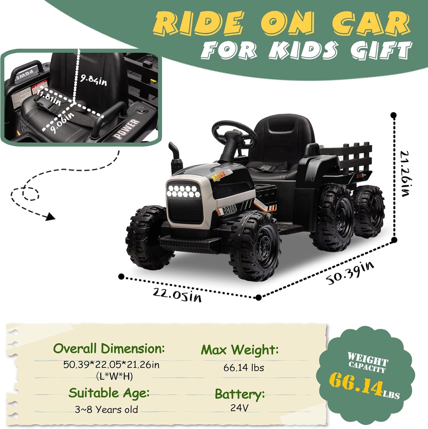 24V Ride On Tractor with Trailer, Ride on Toys for Kids, Dual 200W Motors, 3-Speed, Remote Control, USB/MP3/Bluetooth, LED Lights, Safety Belt, 1.86-4.97 MPH