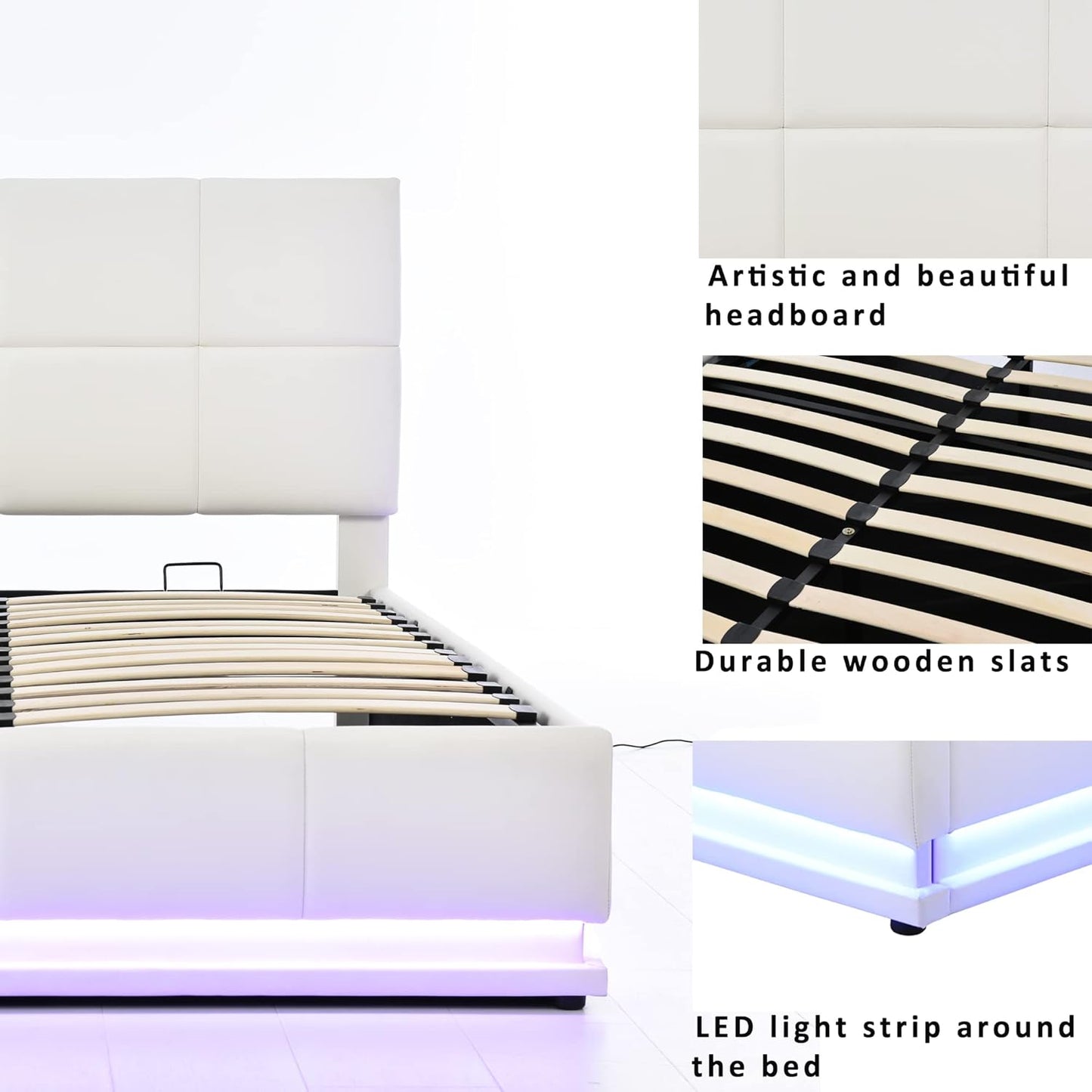 Full-Size Tufted Upholstered Platform Bed with Hydraulic Storage, LED Lights & USB Charger, Premium White PU Leather