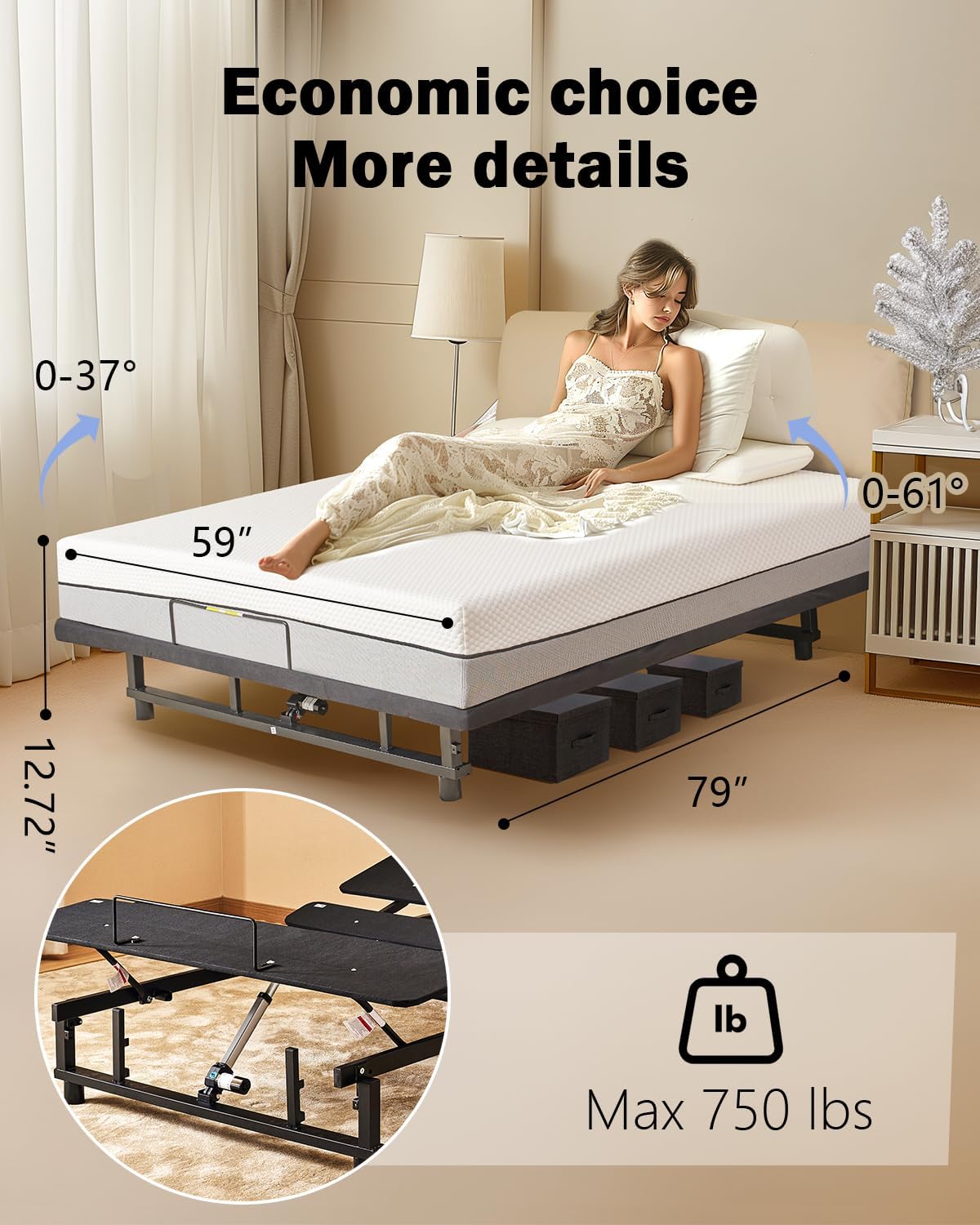 King Size Adjustable Bed Frame with Quiet Motor - Head & Foot Incline, Zero Gravity, Wireless Remote Control, Easy Installation (79" L x 71" W x 12.72" H)