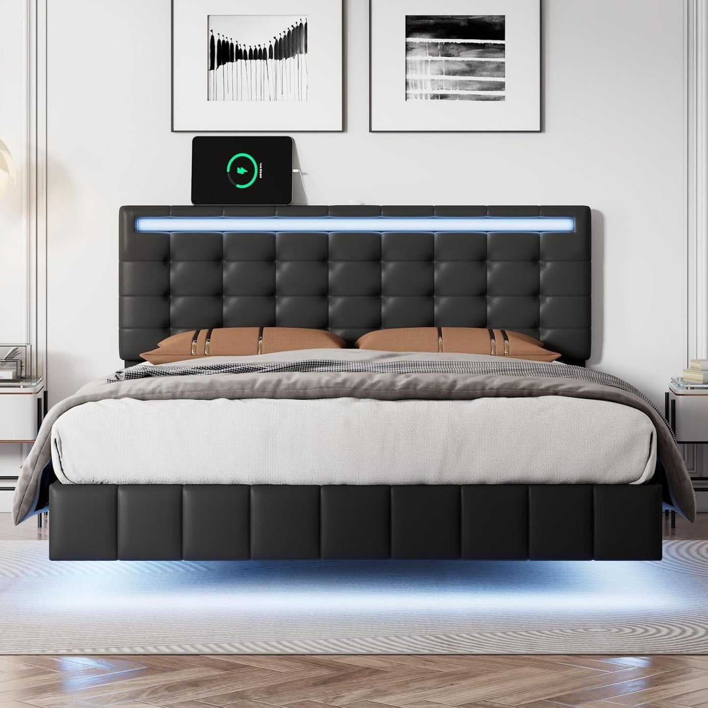 Queen Size Floating Lights and USB Charging,Modern Upholstered Platform LED Bed Frame,Black, Black2