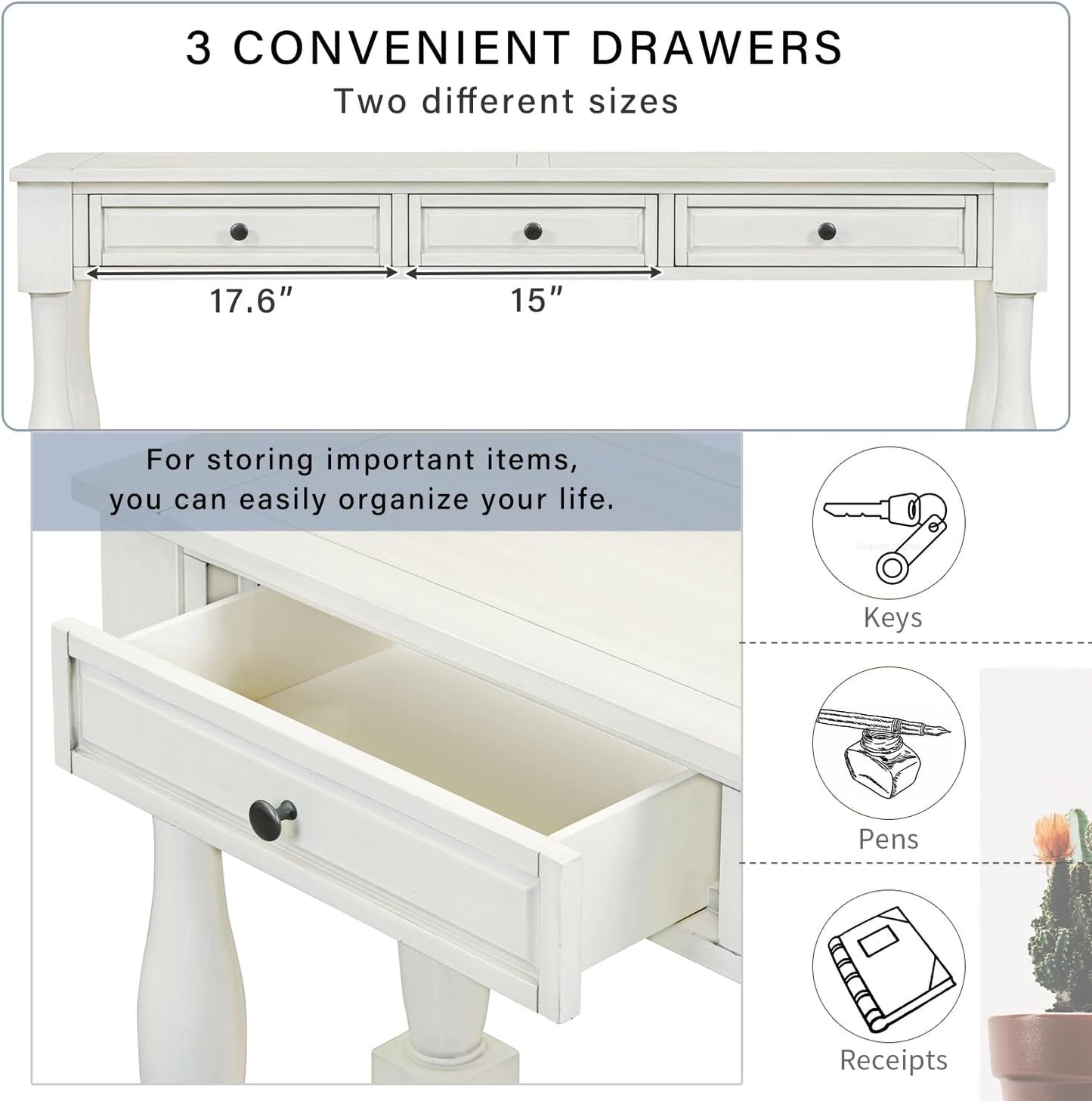 63" Long Console Drawers and Shelf-Modern Entryway Table for Hallway, Living Room, Antique White