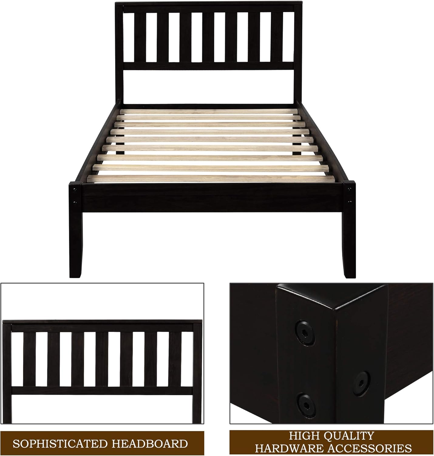 Twin Size Wood Platform Bed with Headboard and Footboard, 100% Pine Wood Frame, Strong Slat Support - Espresso, 80.2”L X 42.9”W X 36.2”H