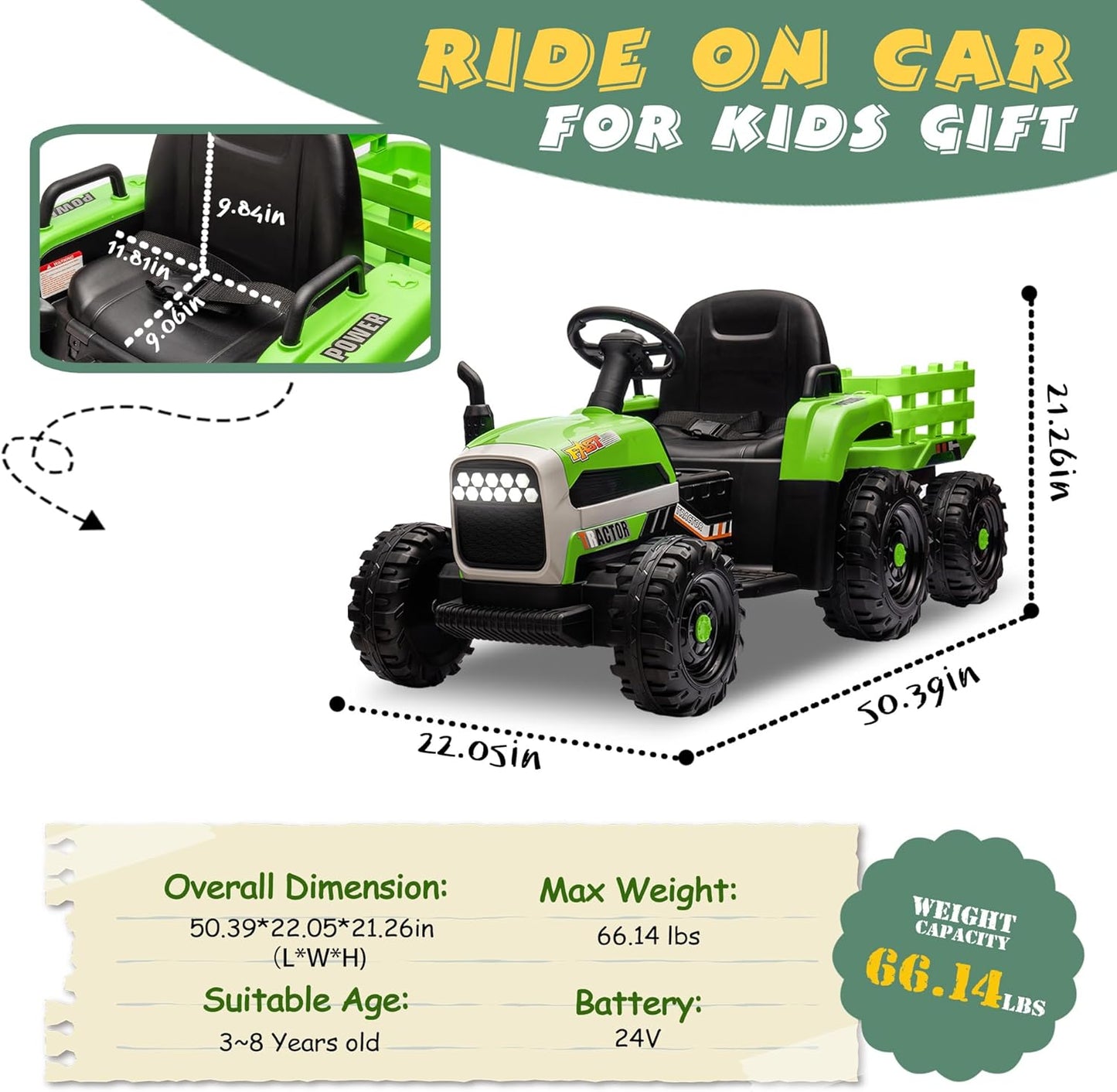 24V Ride On Tractor with Trailer, Ride on Toys for Kids, Dual 200W Motors, 3-Speed, Remote Control, USB/MP3/Bluetooth, LED Lights, Safety Belt, 1.86-4.97 MPH