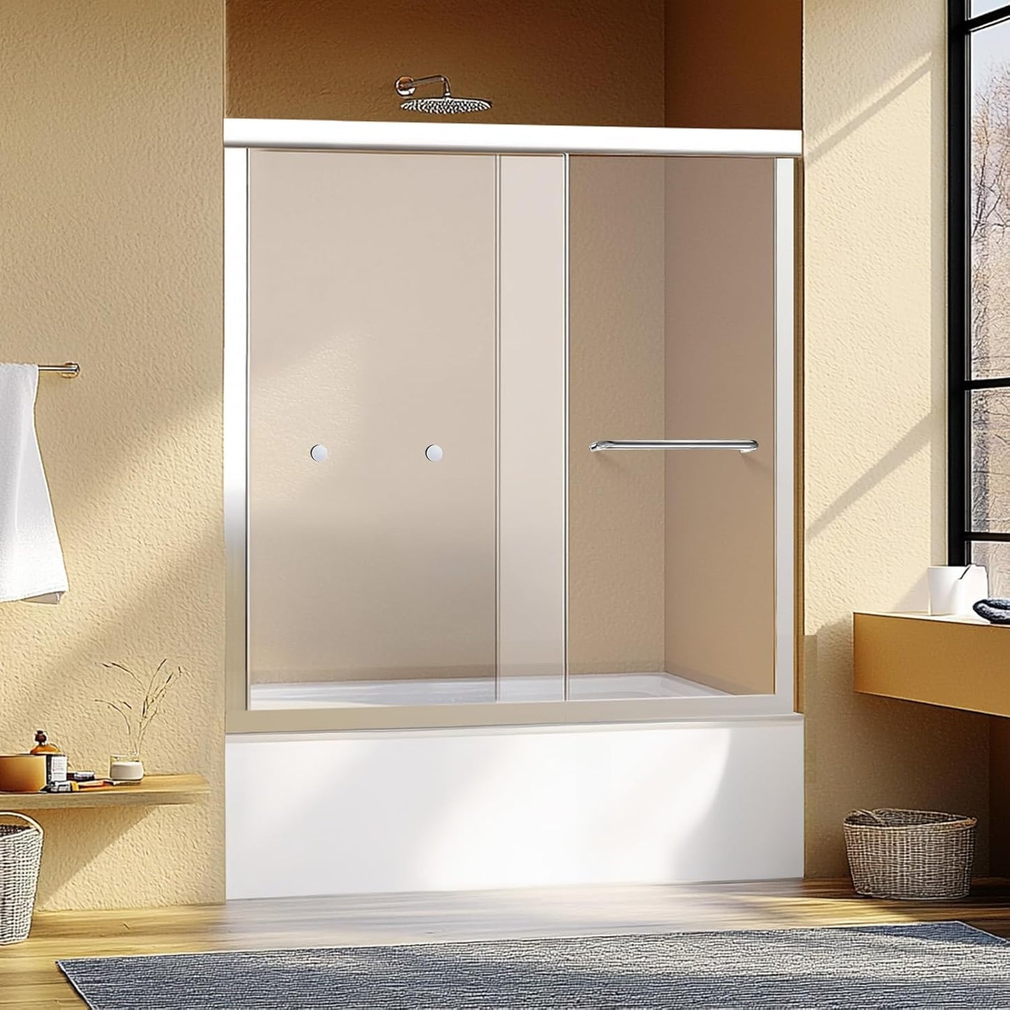 Semi-Frameless Double Sliding Shower Door - Bypass Design, 56"-60" W x 72" H, Matte Black, 1/4" SGCC Tempered Glass with Explosion-Proof Film