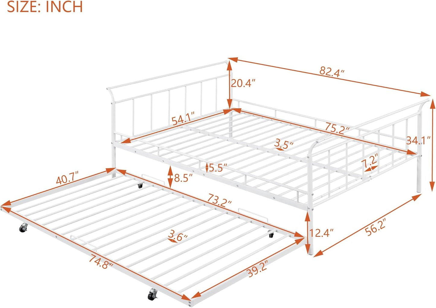 Full Size Metal Daybed - White, Elegant Curved Handle Design, Includes Convenient Pull-Out Twin Trundle