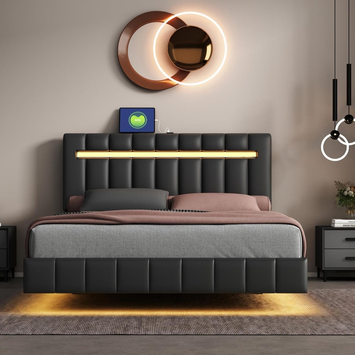 Queen Size Floating Lights and USB Charging,Modern Upholstered Platform LED Bed Frame,Black, Black2