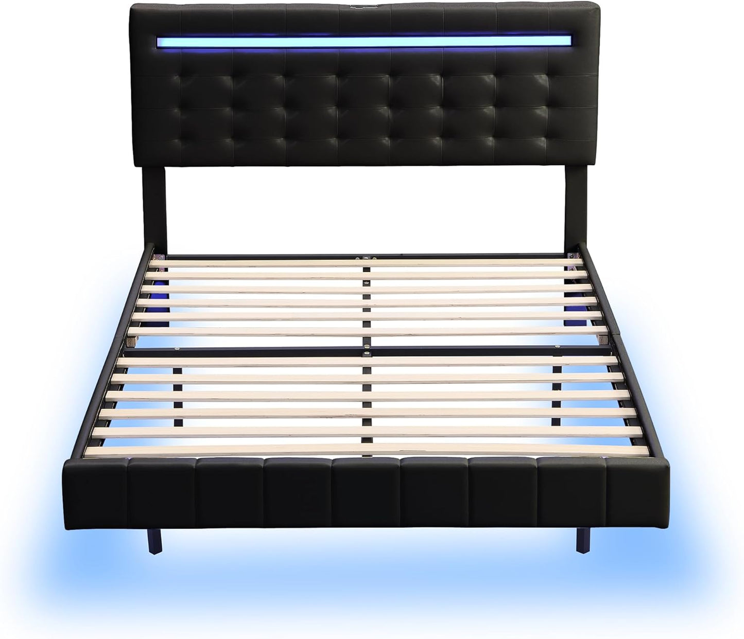 Queen Size Floating Lights and USB Charging,Modern Upholstered Platform LED Bed Frame,Black, Black2