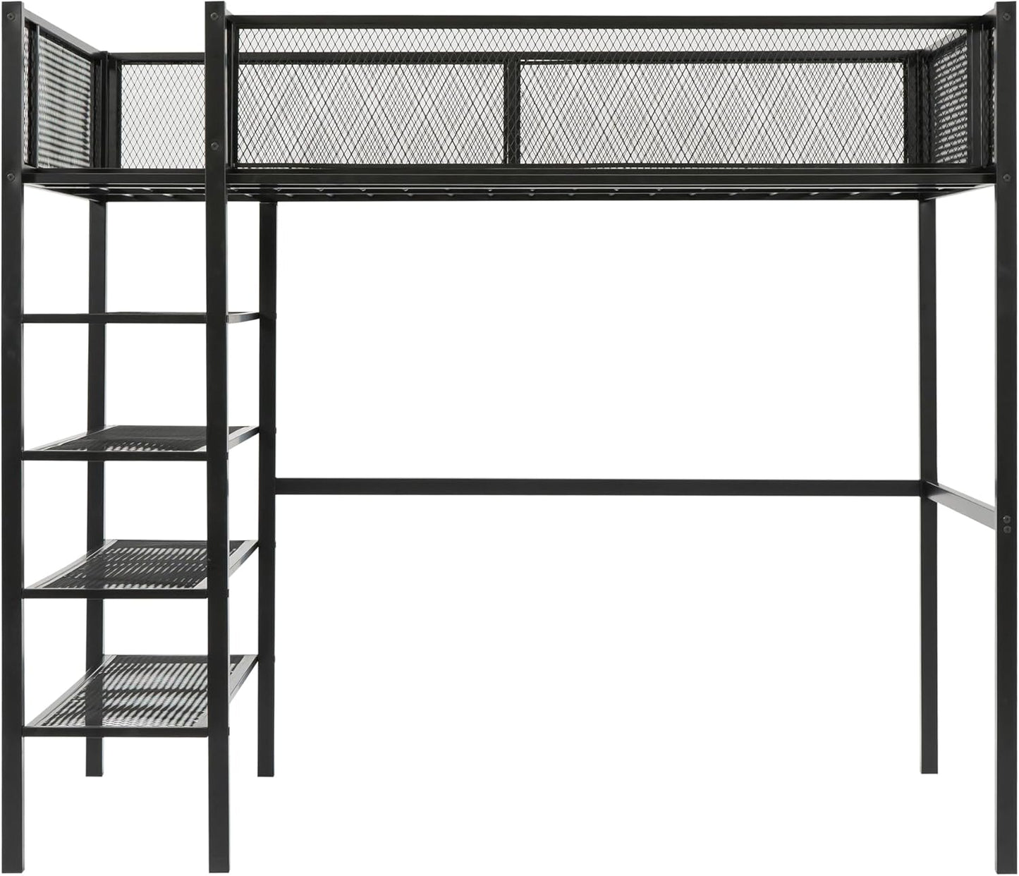 Twin Metal Loft Bed in Elegant Black - Spacious 4-Tier Shelving & Enhanced Storage, Perfect for Home & Dorm Use