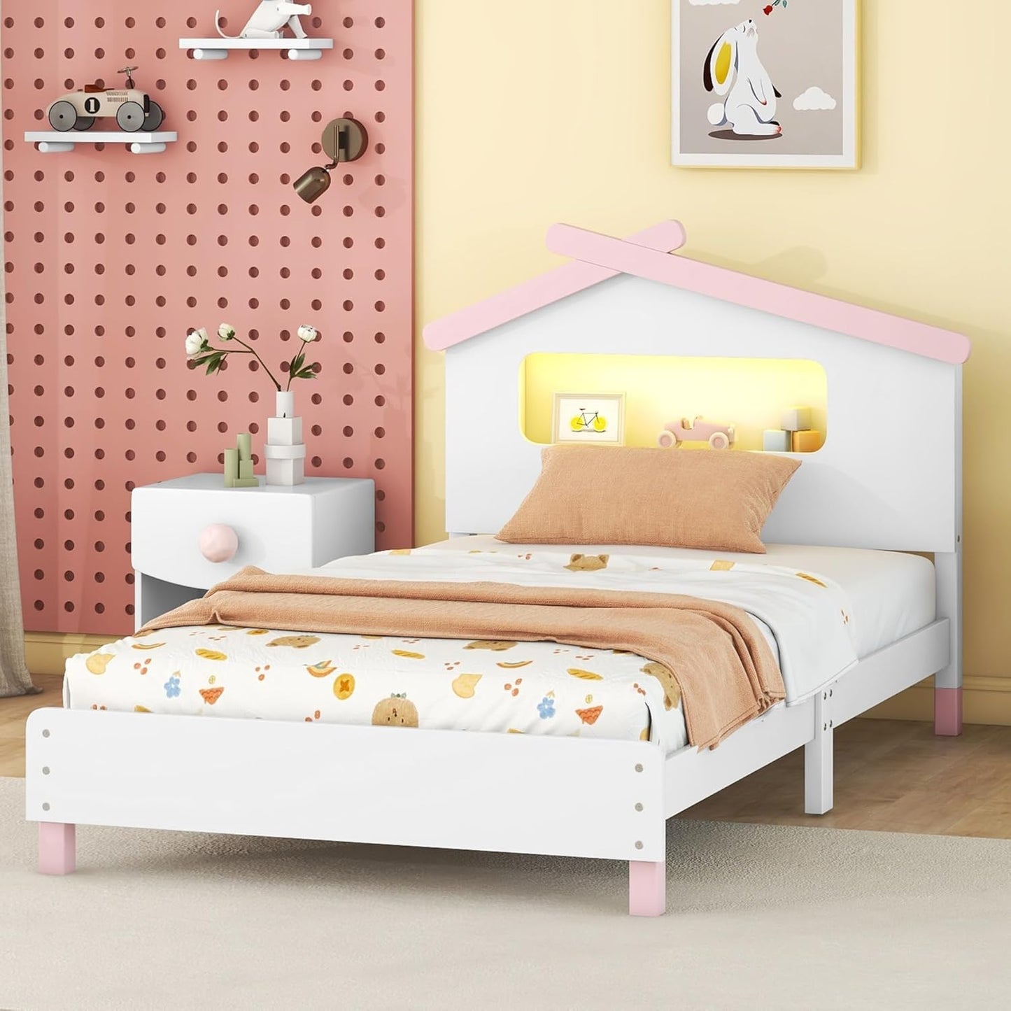 Bed Frame with House-Shaped Headboard Twin Size Wood Platform Motion-Activated Night Lights (White+Gray) - Ideal for Child's Bedroom