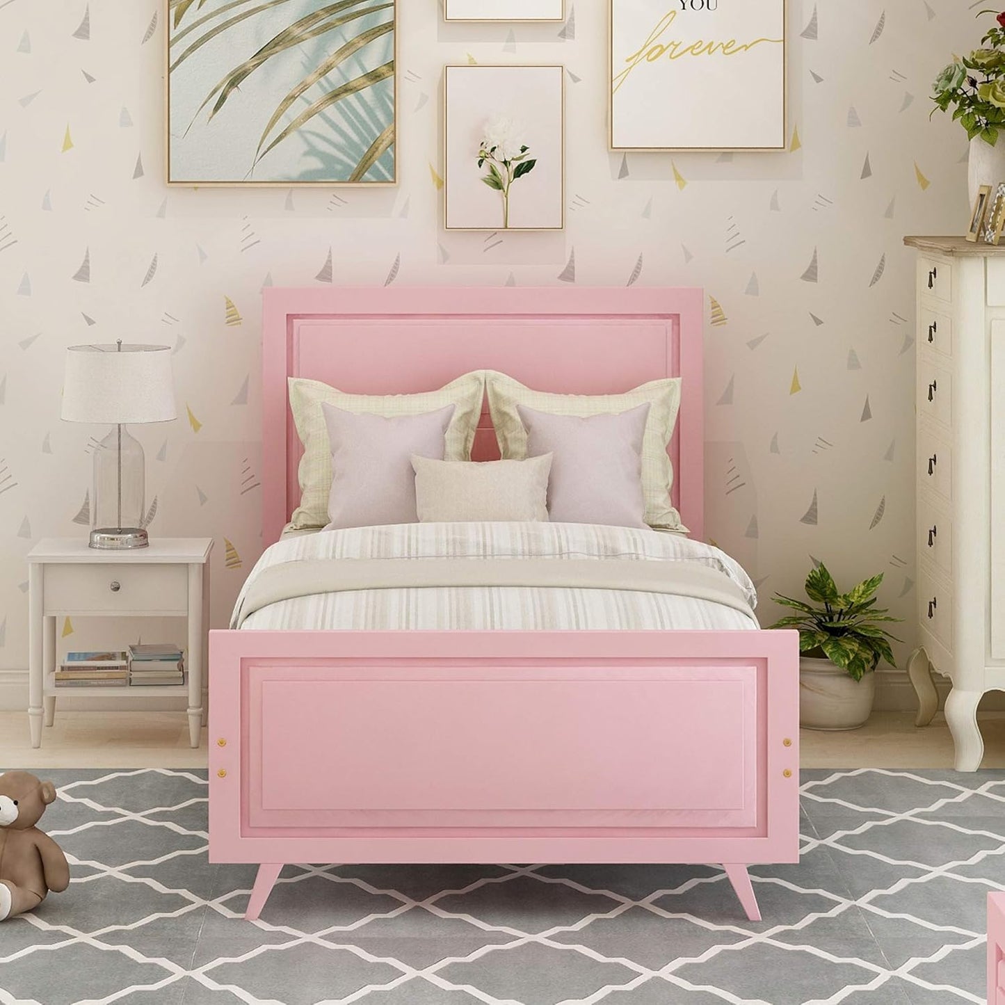 Classic Twin Size Wood Platform Bed with Headboard, Footboard, and Strong Wood Slat Support - Elegant Pink Design, 80”L X 42”W X 43”H