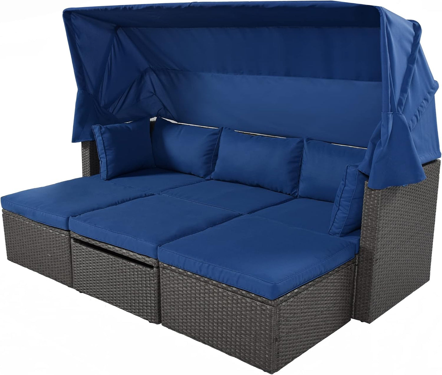 Outdoor Patio Set Daybed Sunbed with Retractable Canopy-Wicker Conversation Furniture, Navy Blue