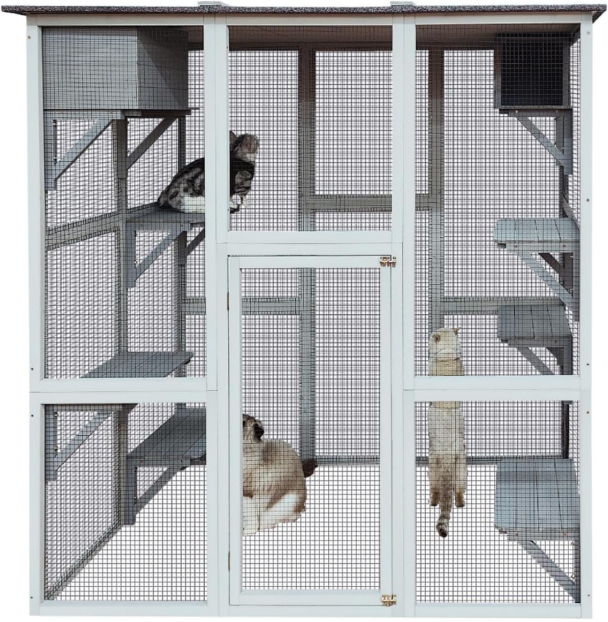 Outdoor Wooden Cat Catio - Large Solid Wood Cat Cage Playpen with 8 Jumping Platforms & 2 Napping Houses, Walk-in Cat Kennel Condo Shelter, White