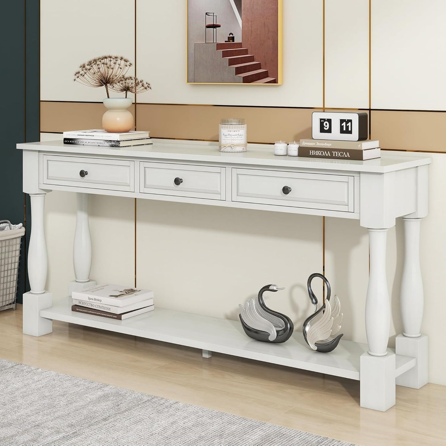 63" Long Console Drawers and Shelf-Modern Entryway Table for Hallway, Living Room, Antique White