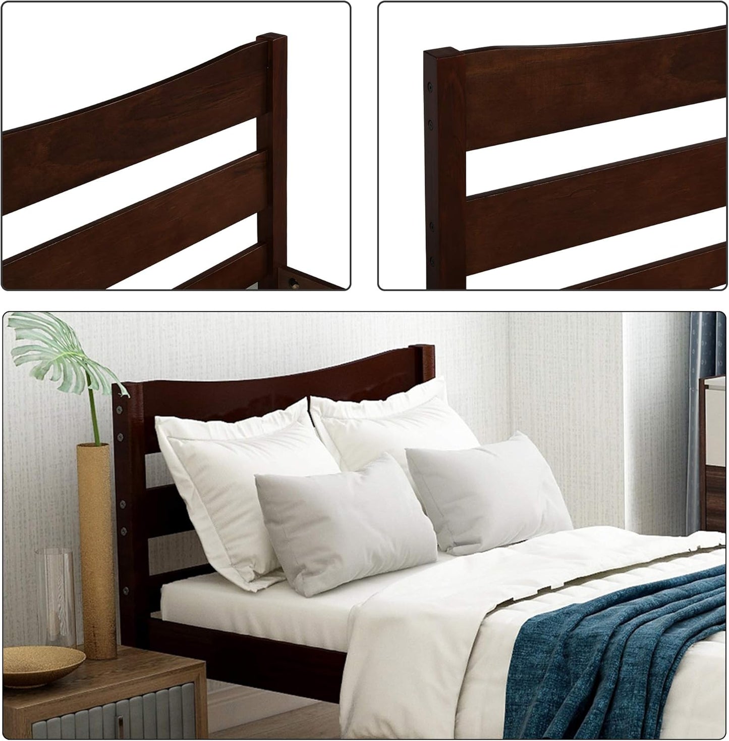 Twin Size Wood Platform Bed with Headboard and Footboard, 100% Pine Wood Frame, Strong Slat Support - Espresso, 80.2”L X 42.9”W X 36.2”H