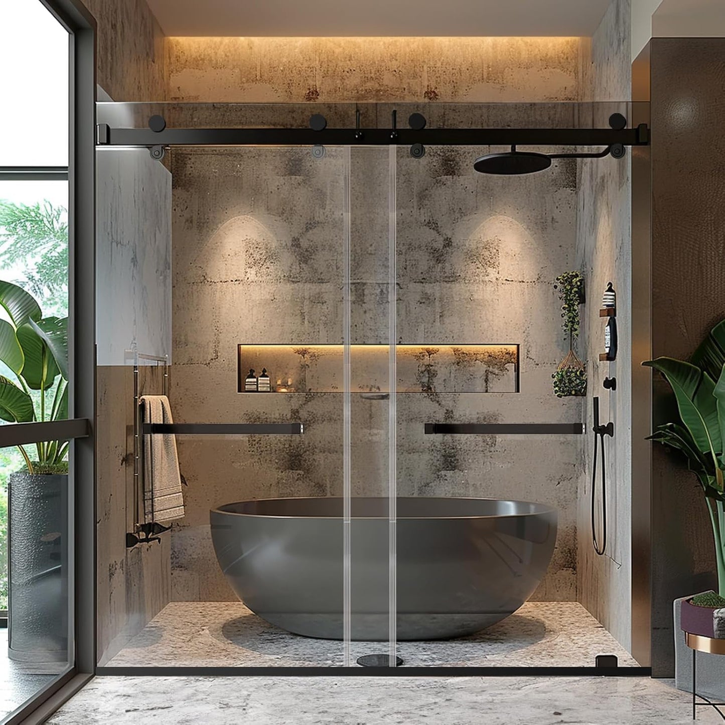 Semi-Frameless Double Sliding Shower Door - Bypass Design, 56"-60" W x 72" H, Matte Black, 1/4" SGCC Tempered Glass with Explosion-Proof Film