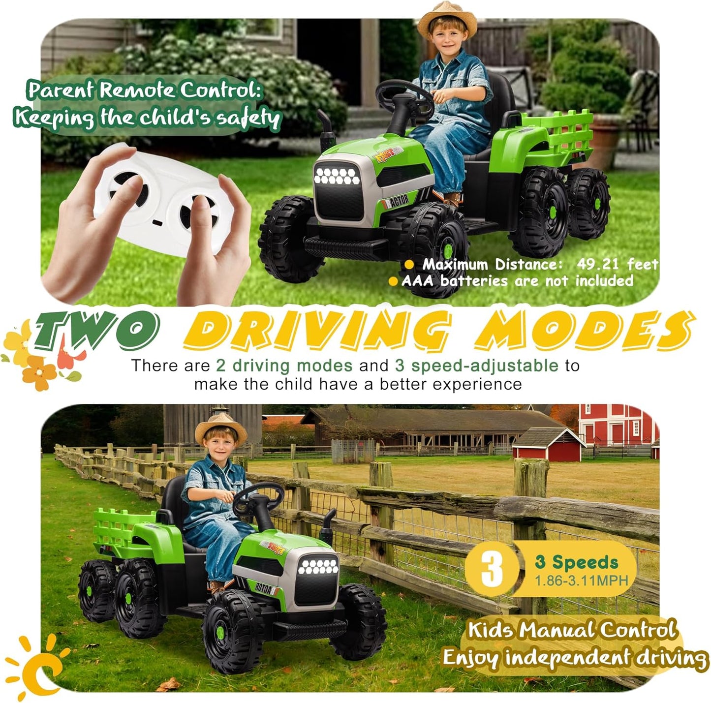 24V Ride On Tractor with Trailer, Ride on Toys for Kids, Dual 200W Motors, 3-Speed, Remote Control, USB/MP3/Bluetooth, LED Lights, Safety Belt, 1.86-4.97 MPH