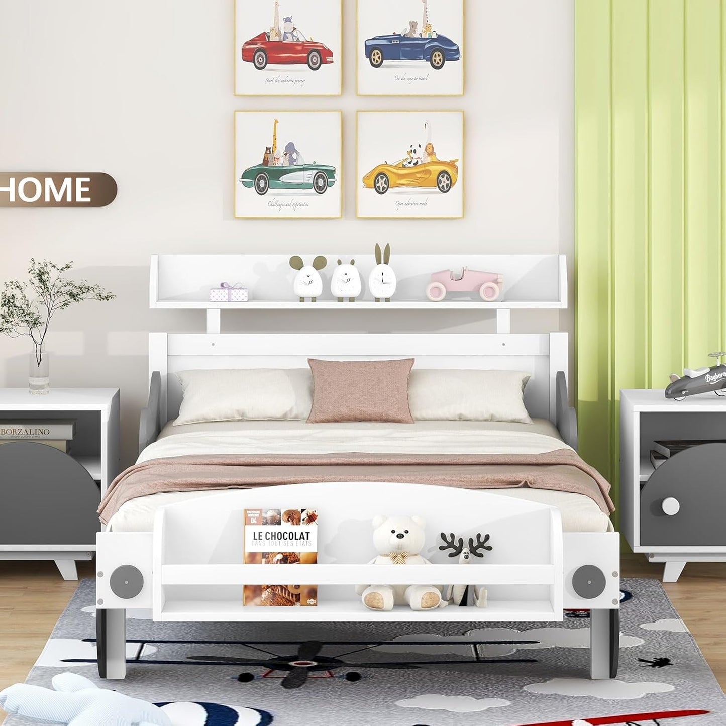 Bed Frame with Storage Shelf Twin Size Car-Shaped Platform for Child Bedroom, White