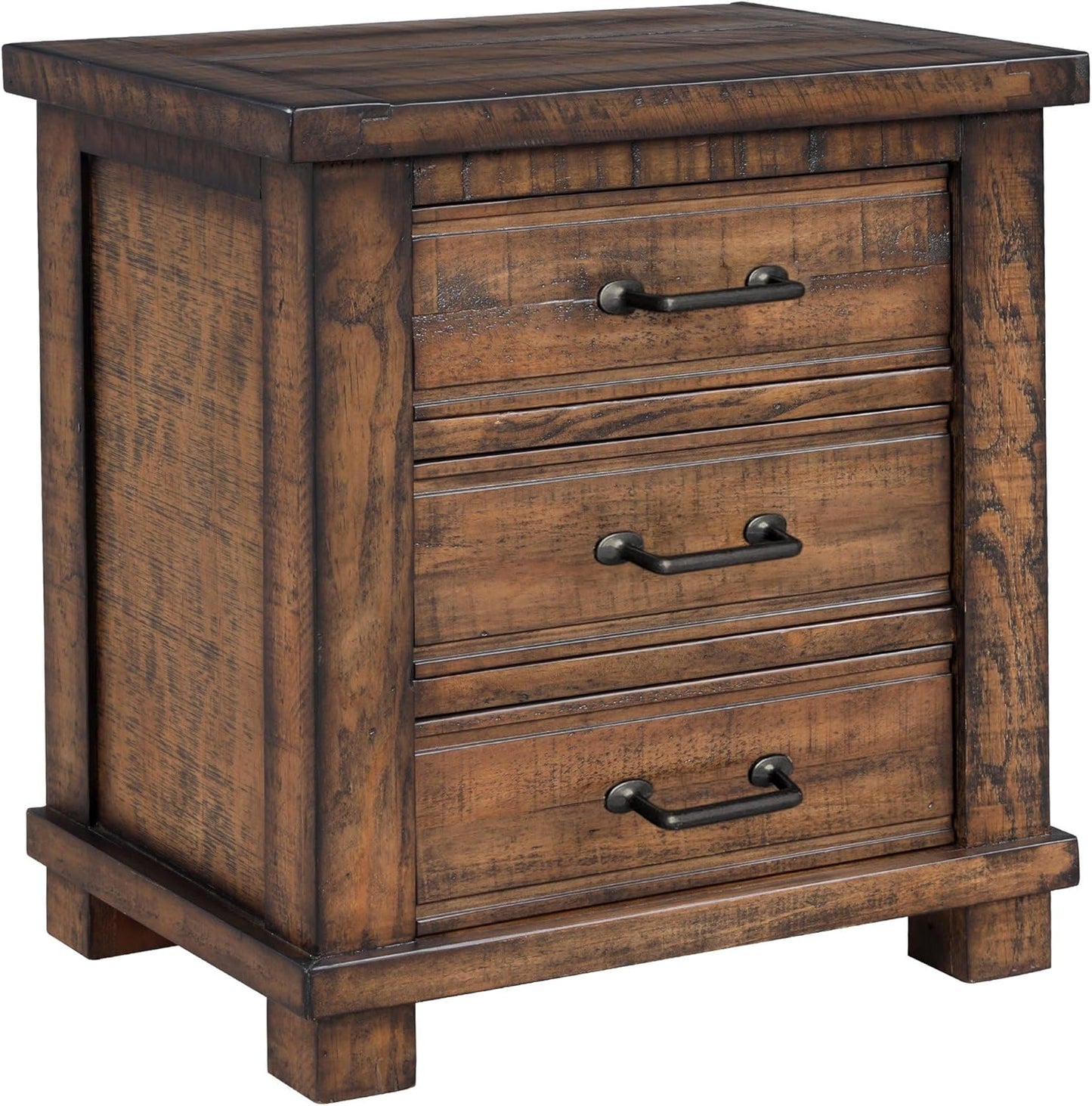 Rustic Farmhouse Nightstand with 3 Drawers-Reclaimed Solid Wood Bedside Table, Durable & Eco-Friendly Bedroom Furniture, 17" D x 24" W x 25.6" H, Brown