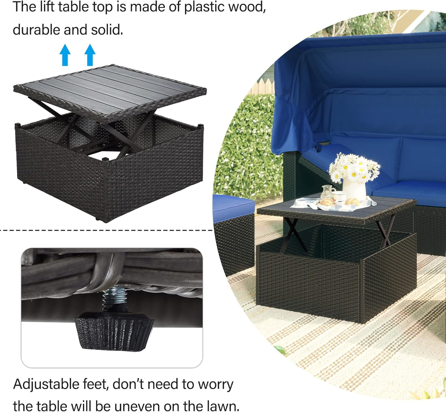 Outdoor Patio Set Daybed Sunbed with Retractable Canopy-Wicker Conversation Furniture, Navy Blue