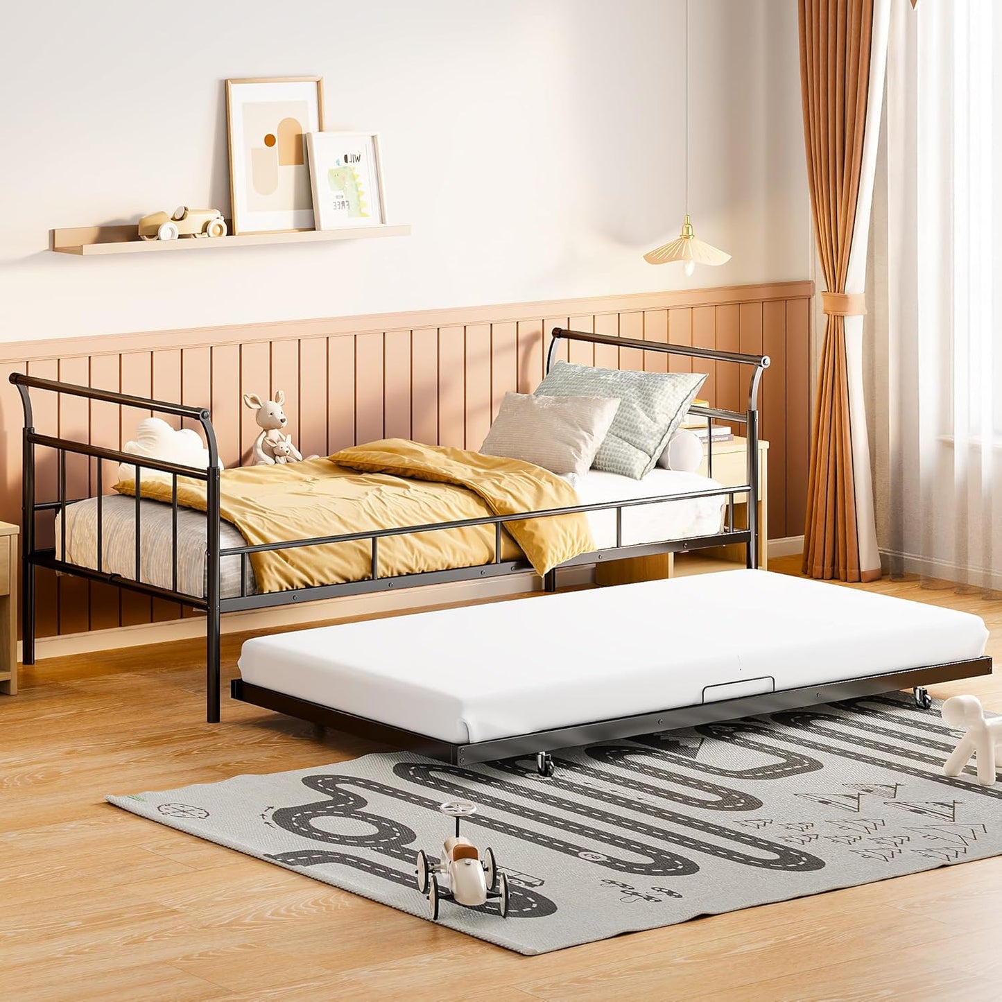 Full Size Metal Daybed - White, Elegant Curved Handle Design, Includes Convenient Pull-Out Twin Trundle