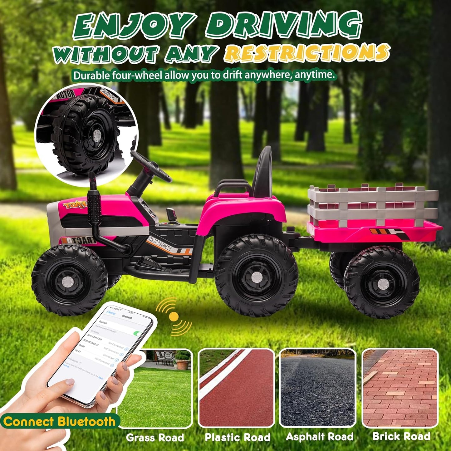 24V Ride On Tractor with Trailer, Ride on Toys for Kids, Dual 200W Motors, 3-Speed, Remote Control, USB/MP3/Bluetooth, LED Lights, Safety Belt, 1.86-4.97 MPH