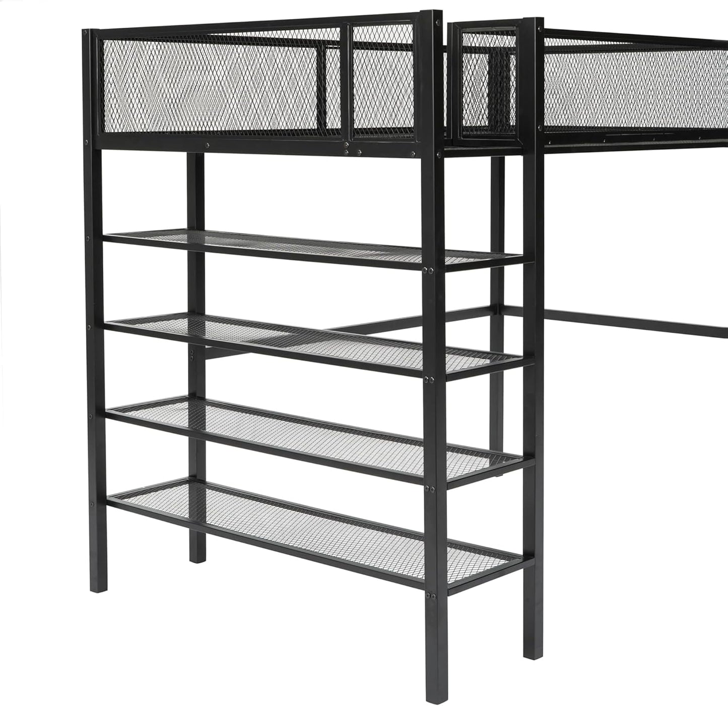 Twin Metal Loft Bed in Elegant Black - Spacious 4-Tier Shelving & Enhanced Storage, Perfect for Home & Dorm Use