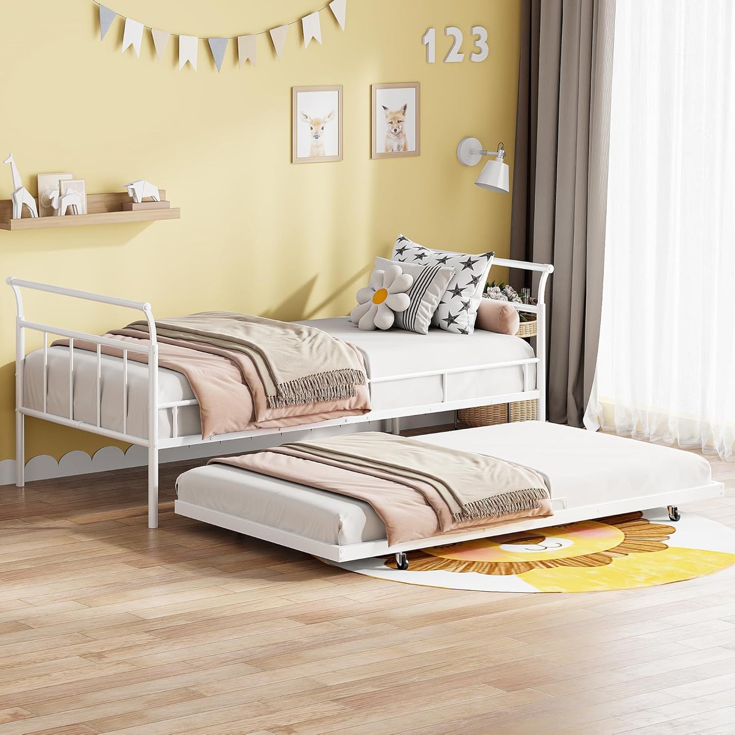 Full Size Metal Daybed - White, Elegant Curved Handle Design, Includes Convenient Pull-Out Twin Trundle