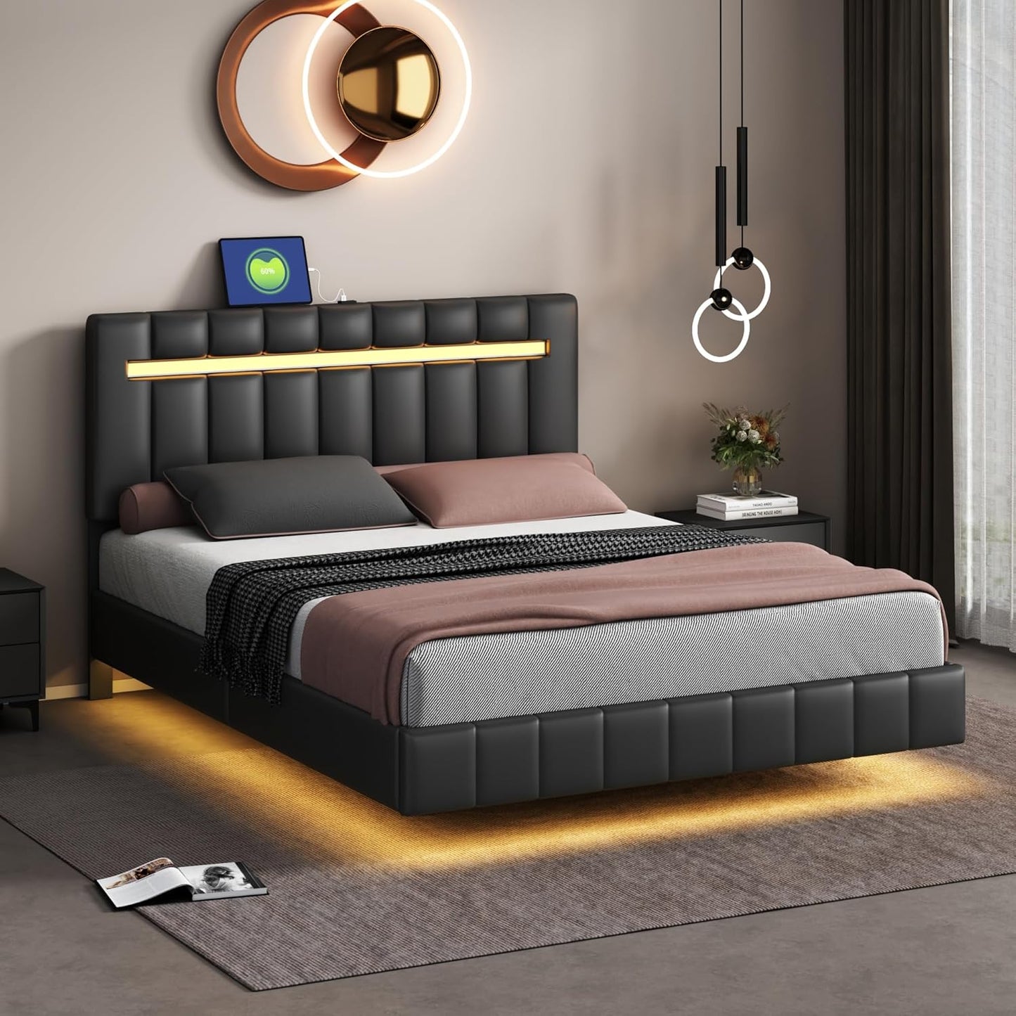 Queen Size Floating Lights and USB Charging,Modern Upholstered Platform LED Bed Frame,Black, Black2