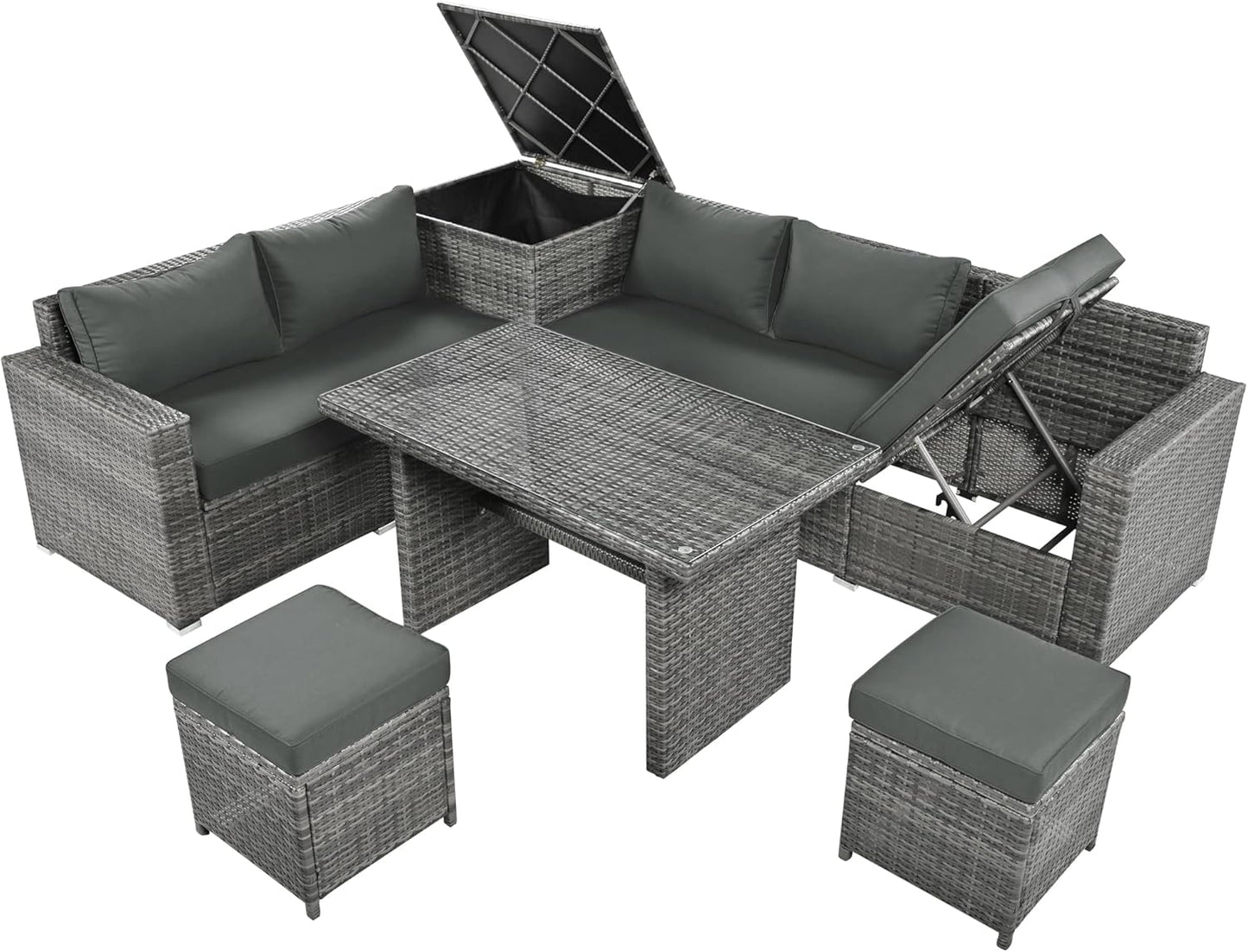 Outdoor 6-Piece All Weather PE Rattan Sofa, Garden Patio Wicker Sectional Furniture Adjustable Seat, Storage Box, Removable Covers and Tempered Glass Top Table, 6PC Set, Beige