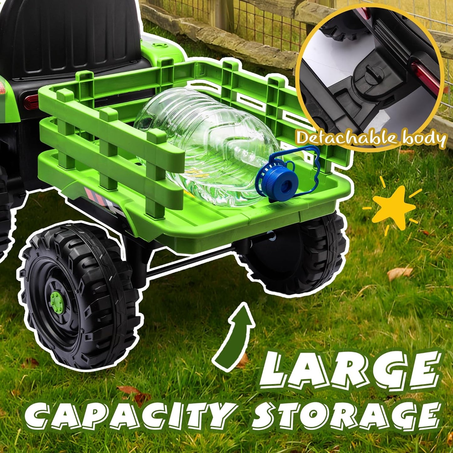 24V Ride On Tractor with Trailer, Ride on Toys for Kids, Dual 200W Motors, 3-Speed, Remote Control, USB/MP3/Bluetooth, LED Lights, Safety Belt, 1.86-4.97 MPH