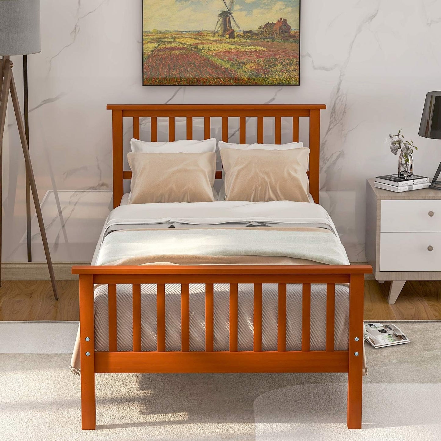 Twin Size Wood Platform Bed with Headboard and Footboard, 100% Pine Wood Frame, Strong Slat Support - Espresso, 80.2”L X 42.9”W X 36.2”H