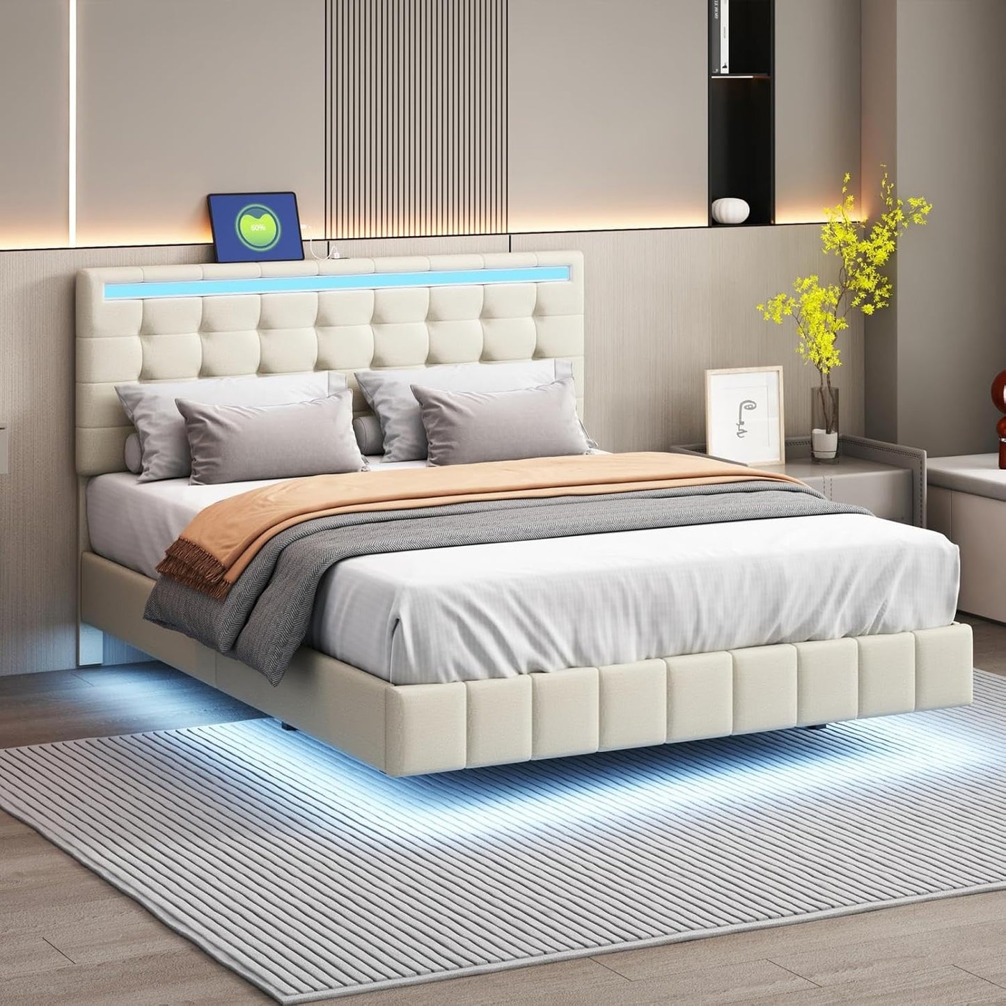 Queen Size Floating Lights and USB Charging,Modern Upholstered Platform LED Bed Frame,Black, Black2