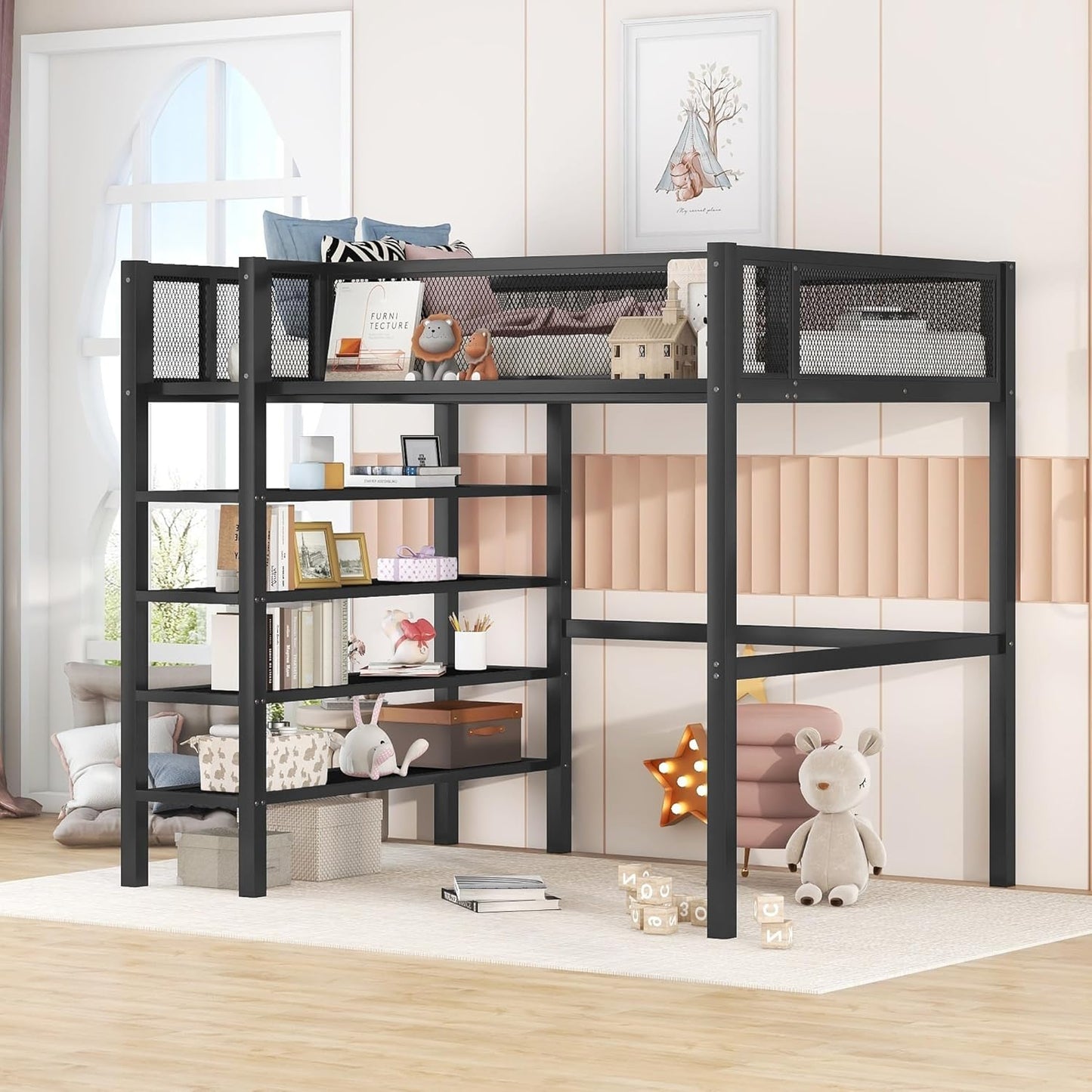 Twin Metal Loft Bed in Elegant Black - Spacious 4-Tier Shelving & Enhanced Storage, Perfect for Home & Dorm Use