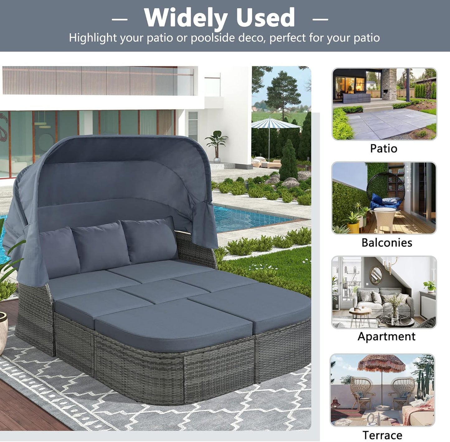 Outdoor Patio Set Daybed Sunbed with Retractable Canopy-Wicker Conversation Furniture, Navy Blue