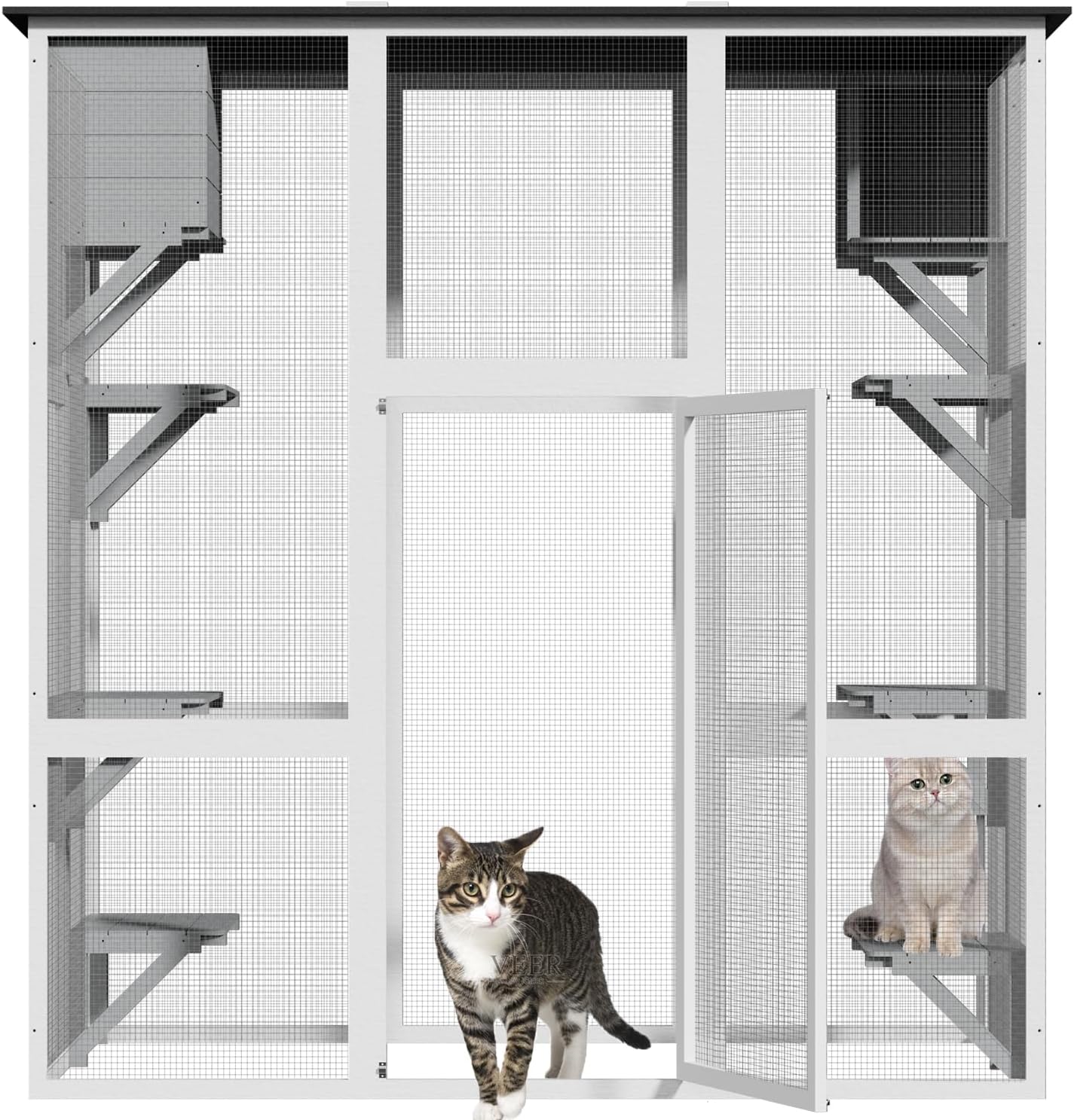 Outdoor Wooden Cat Catio - Large Solid Wood Cat Cage Playpen with 8 Jumping Platforms & 2 Napping Houses, Walk-in Cat Kennel Condo Shelter, White