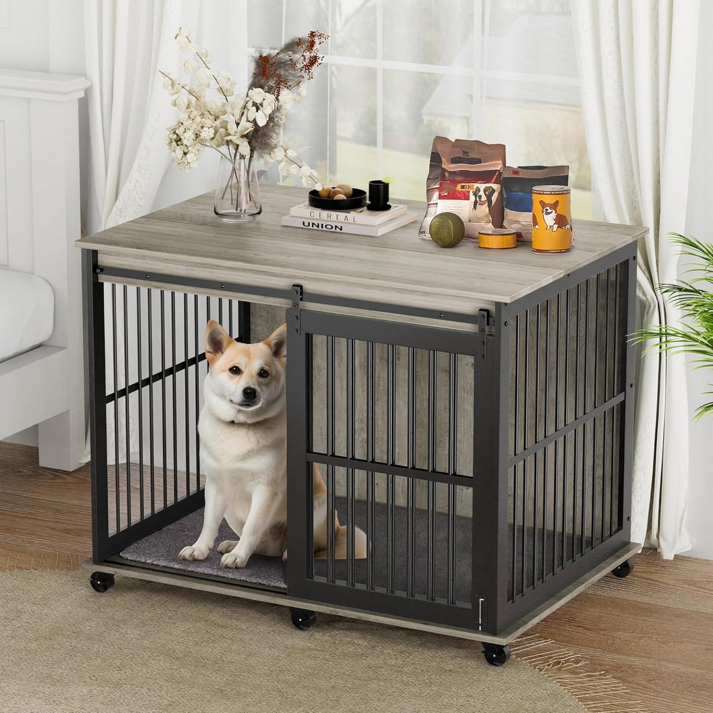 Elegant Rustic Grey Furniture-Style Dog Crate with Secure Sliding Iron Door & Plush Comfort Mat Spacious 43.7''W x 30''D x 33.7''H Pet Safety Haven with Easy Cleaning Features