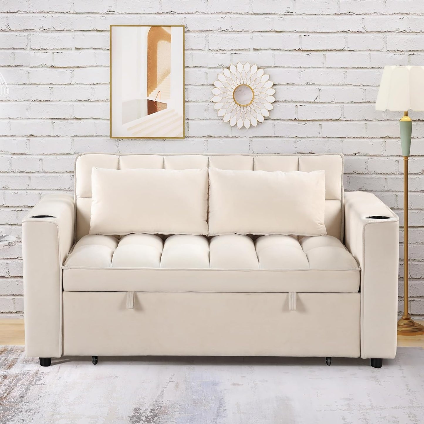 55.3" 4-in-1 Multi-Functional Sofa Bed with Cup Holder and USB Port-Milky Versatile Seating Solution for Living Rooms or Apartments, Cream White