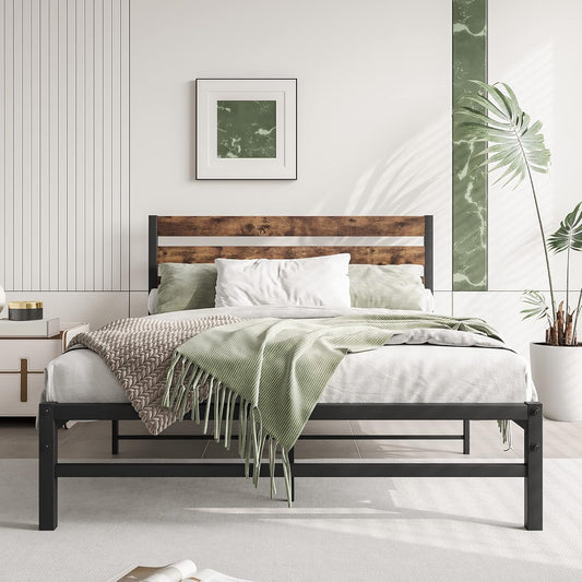 Full Size Platform Bed Frame with Vintage Wood Headboard, Strong Metal Support Slats, No Box Spring Needed, Rustic Brown, 400lb Capacity, 77.55"x54.53"x37.8"